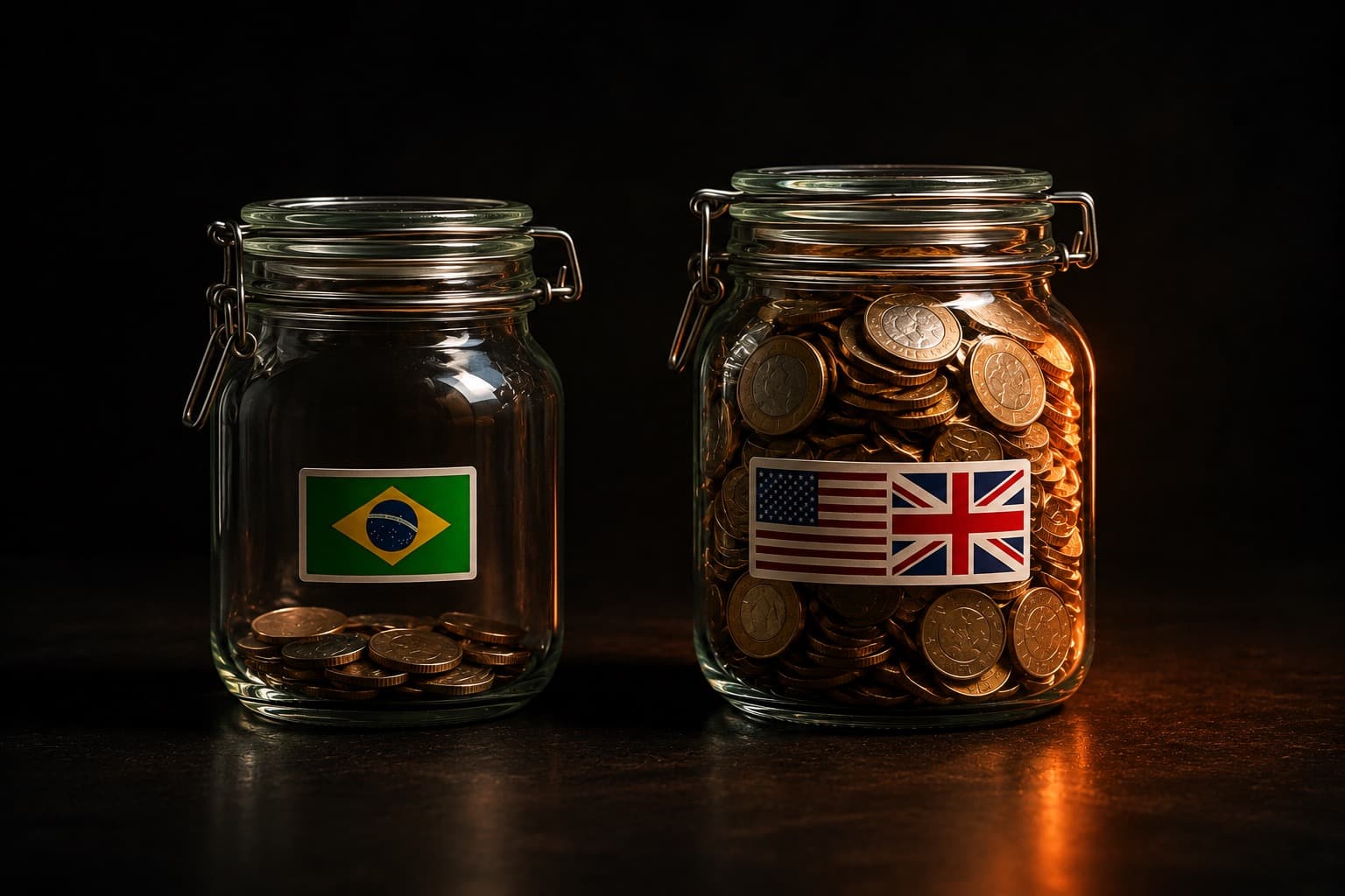 Two jars of coins: the Brazilian-audience jar nearly empty, the US/UK-audience jar full