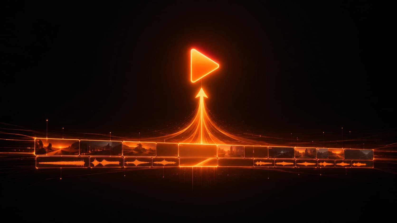 An editing timeline with an arrow and a play button rising off it