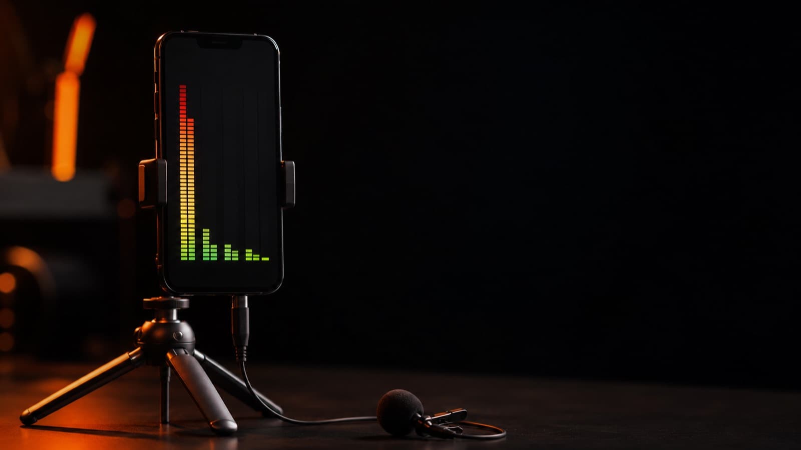 Un celular en un mini trípode con el medidor de audio en pantalla: pico alto a la izquierda, voz baja después