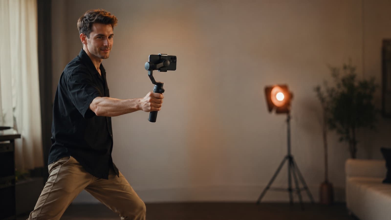 Un creador caminando mientras graba con el celular en un gimbal — la imagen queda estable incluso en movimiento