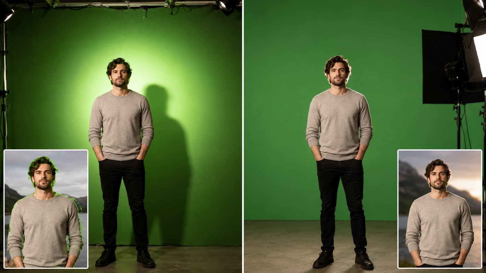 Iluminación del fondo verde: mala (manchada) × buena (uniforme)