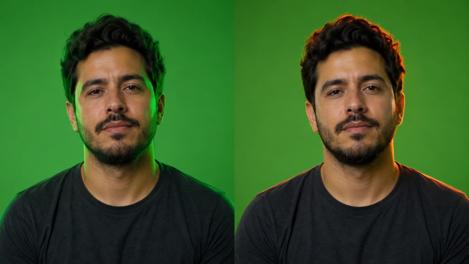 Persona pegada al fondo verde (el verde se cuela en los bordes) × alejada con contraluz (bordes limpios)