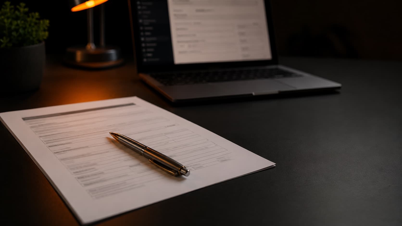 Documentos de apertura de empresa sobre un escritorio oscuro, con un bolígrafo