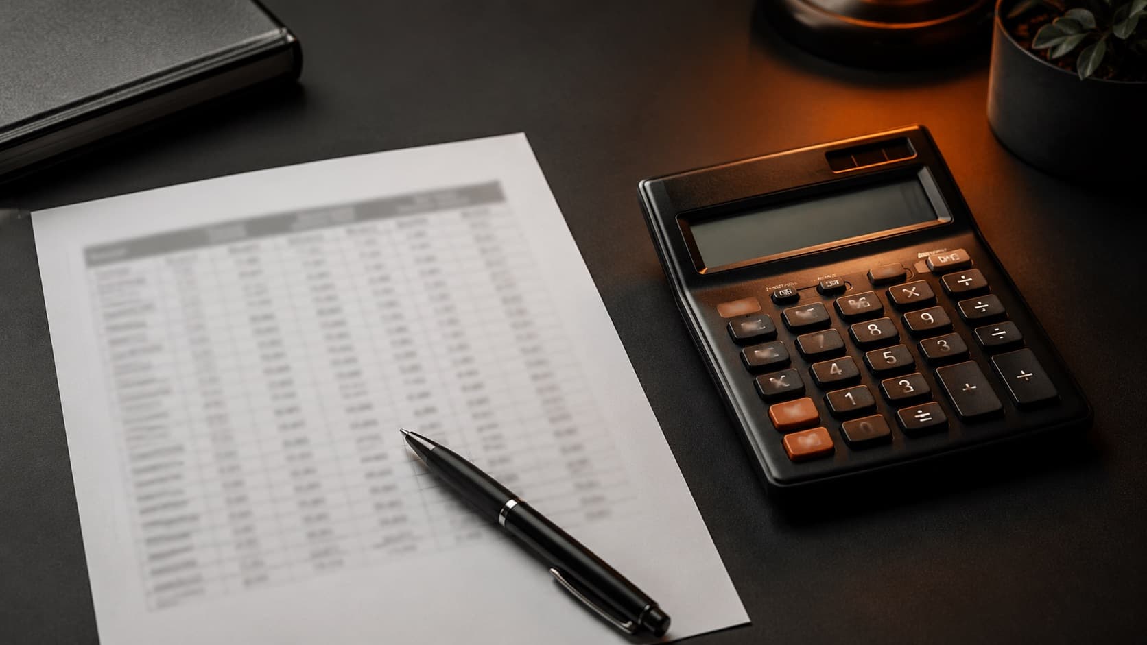 Una calculadora de oficina y una tabla de porcentajes sobre un escritorio oscuro — planificación tributaria