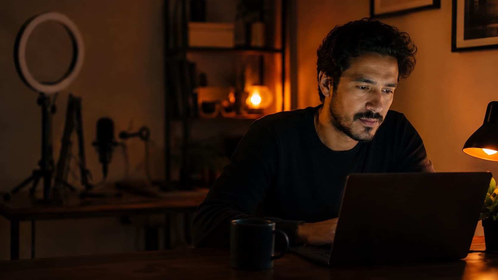 Un creador de contenido trabajando en un rincón acogedor de su oficina en casa, de noche
