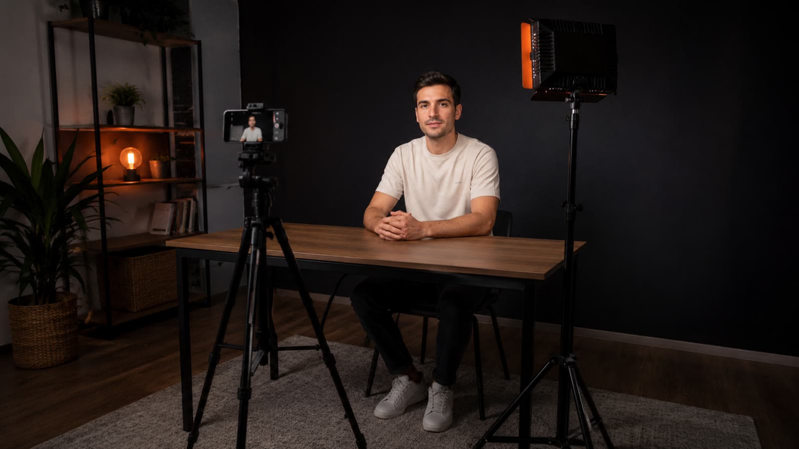 Un set sencillo de grabación de talking-head en casa: celular en un trípode y un panel de luz