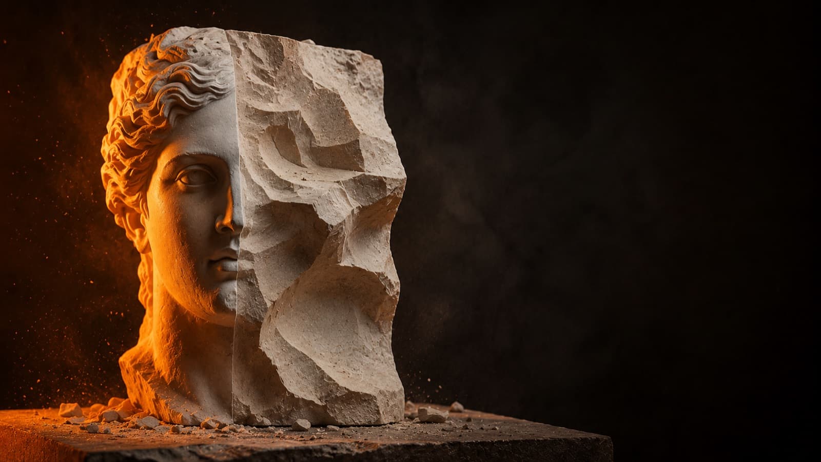 Una escultura clásica, mitad íntegra y mitad re-esculpida — la obra alterada sigue siendo una derivada