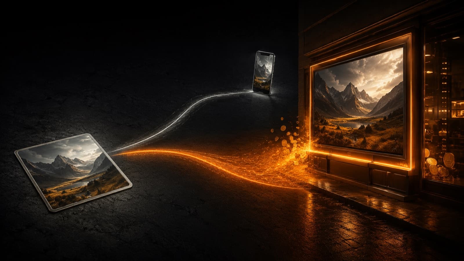 El mismo recurso pasando de un celular (uso personal) a una pantalla grande iluminada (uso comercial)