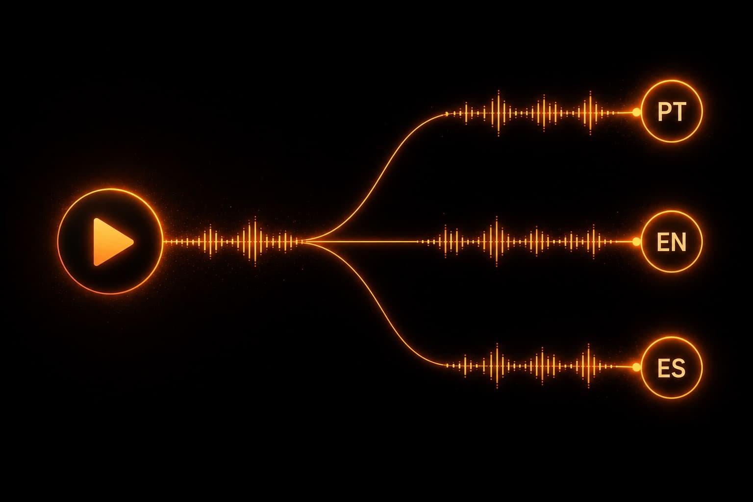 A play button with its audio track branching into three languages: PT, EN and ES