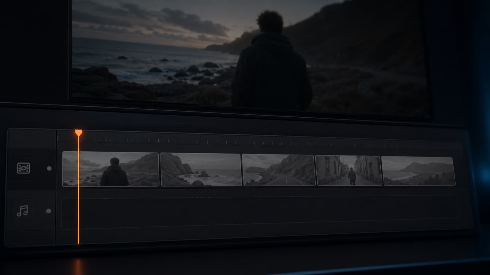 An editing timeline with clips in gray, an empty music track and an orange playhead at the start