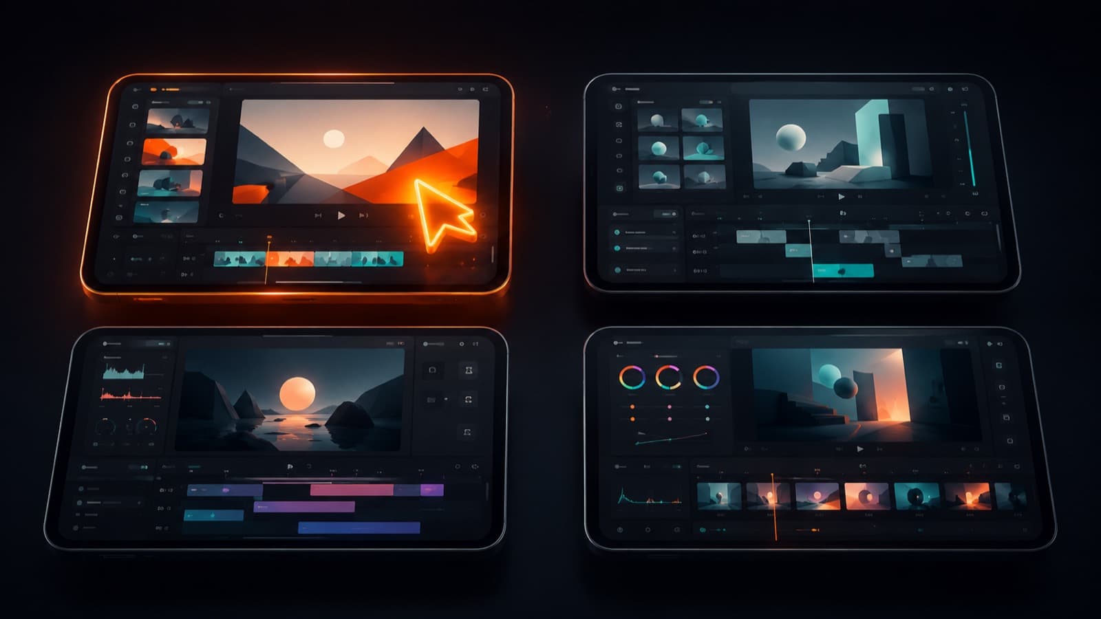 Four tablets in a grid showing different editing interfaces, with an orange cursor over one of them