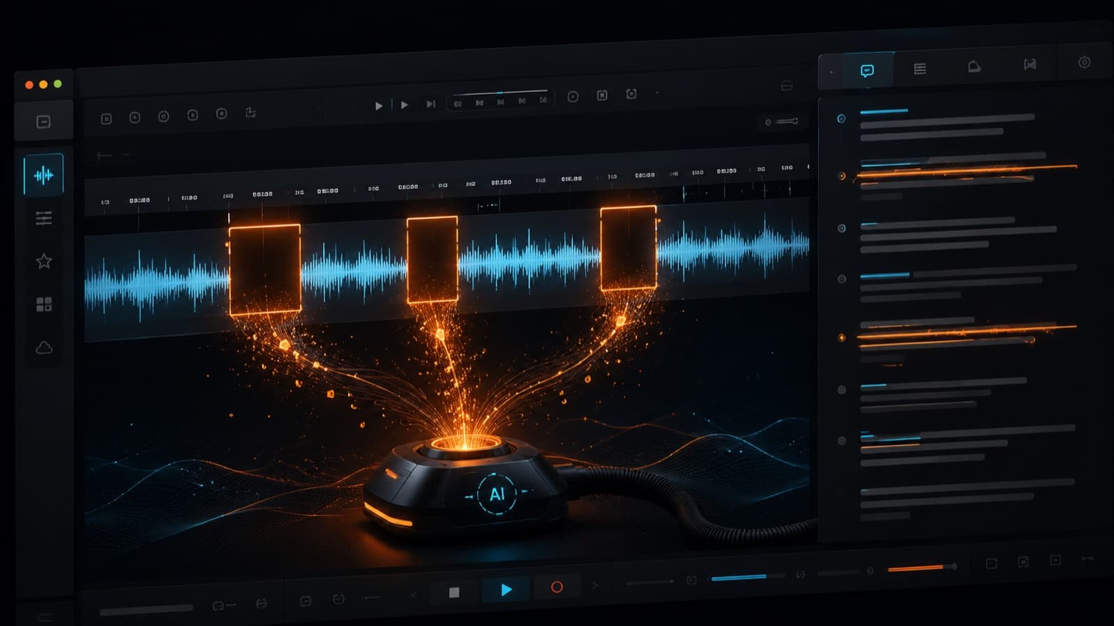 A dark editing interface with silent stretches highlighted in orange being removed by AI, and a transcript panel alongside