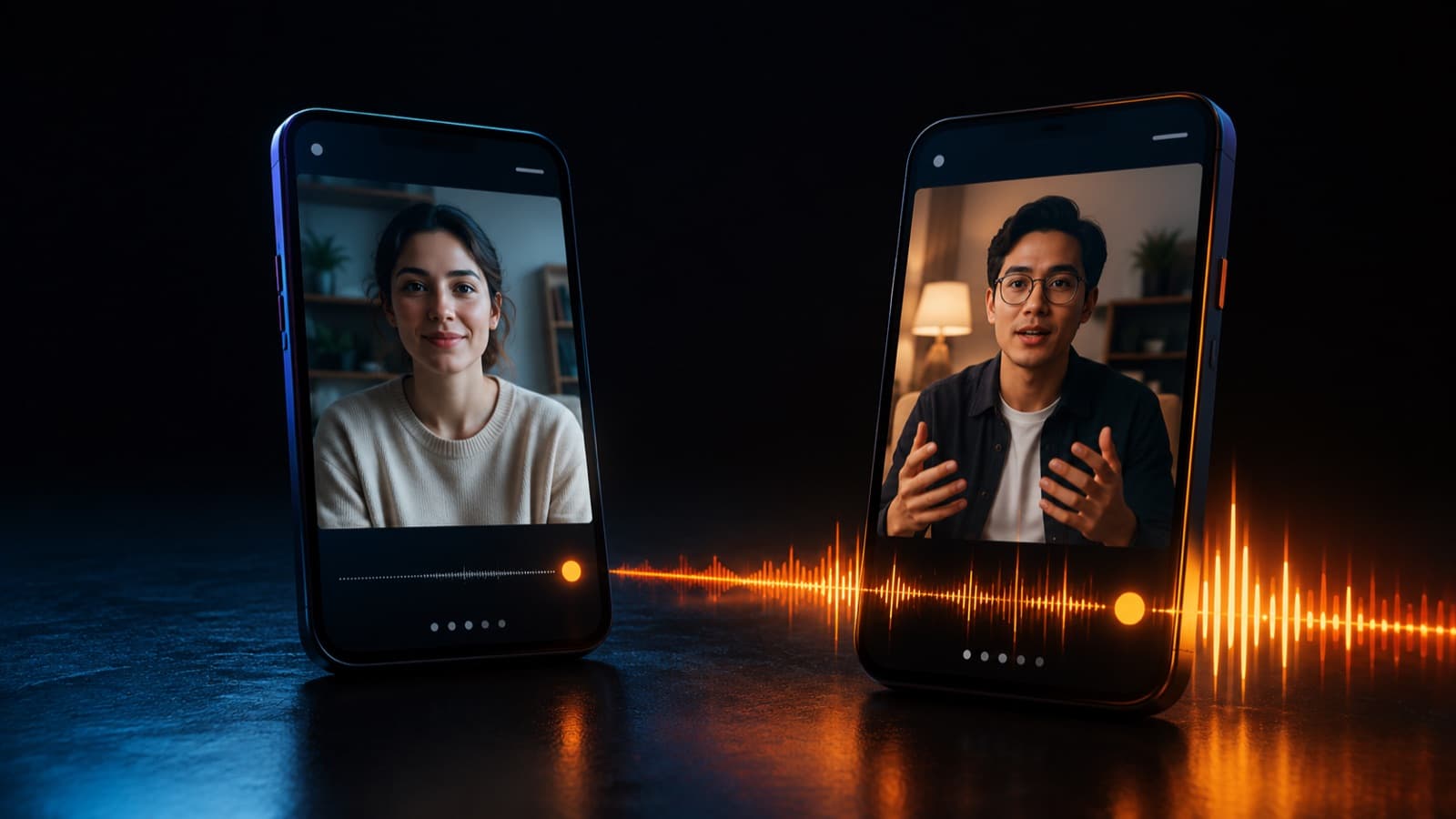 Two phones side by side, each with an interviewee, and an orange sound wave crossing from one screen to the other