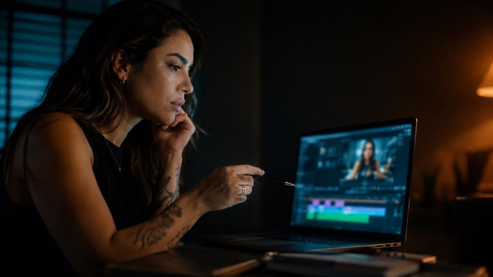 A creator watching her own footage on a laptop, pen in hand pointing at the timeline