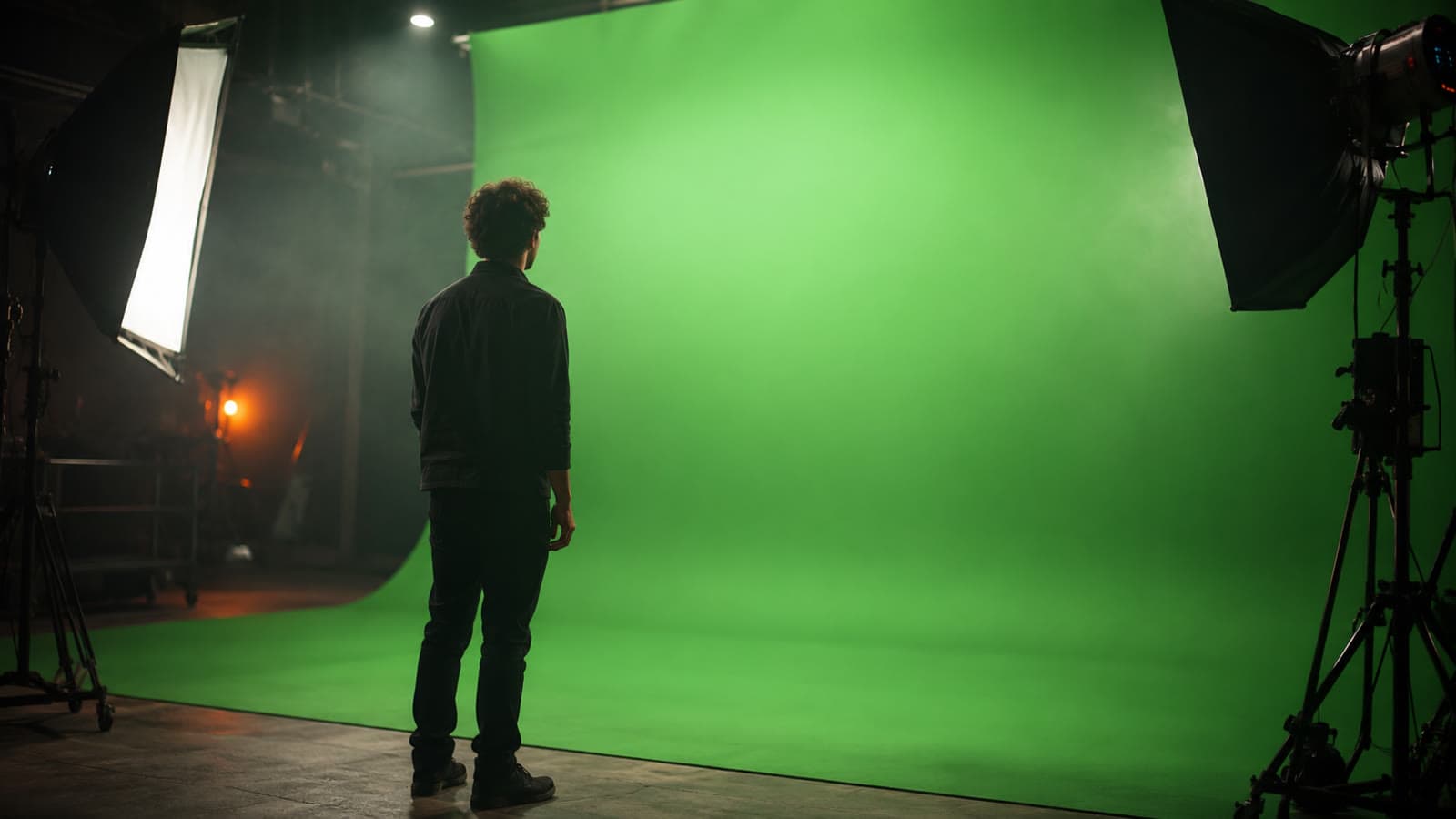 Un set de grabación con pantalla verde (chroma key) iluminada por reflectores