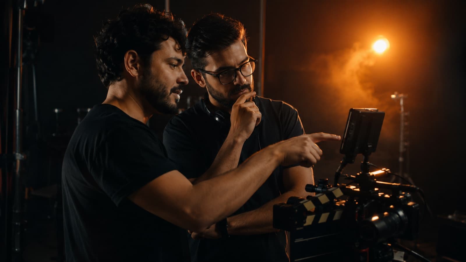 Un creador y un editor planeando el efecto juntos en un set, antes de grabar