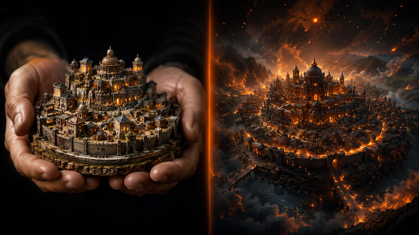 Un díptico: a la izquierda, manos sosteniendo una ciudad en maqueta (práctico); a la derecha, la misma ciudad en CGI épico