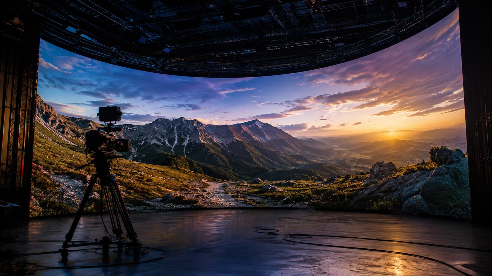 Una pared curva de LED que muestra un paisaje de montañas, detrás de una cámara de cine en un set