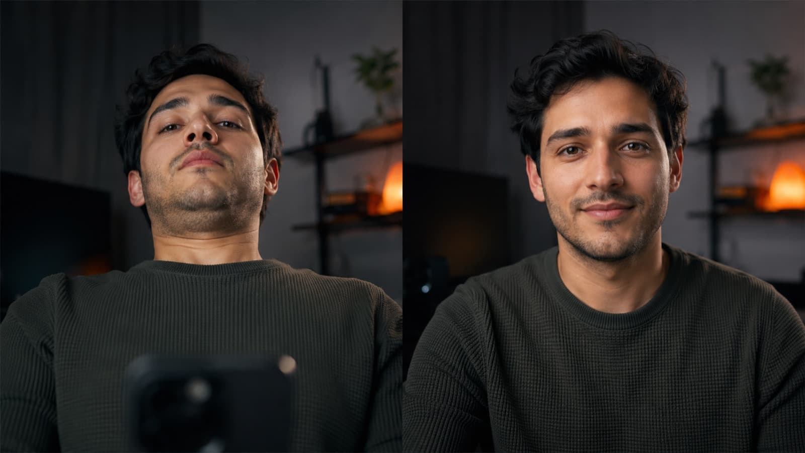 Díptico: celular bajo sobre la mesa (ángulo desde abajo, papada) × celular a la altura de los ojos (natural)