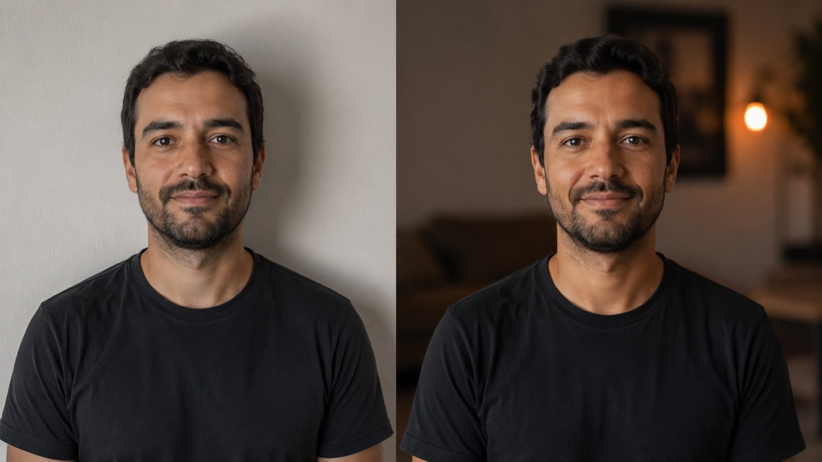 Díptico: persona pegada a la pared (fondo plano) × alejada (fondo desenfocado, con profundidad)