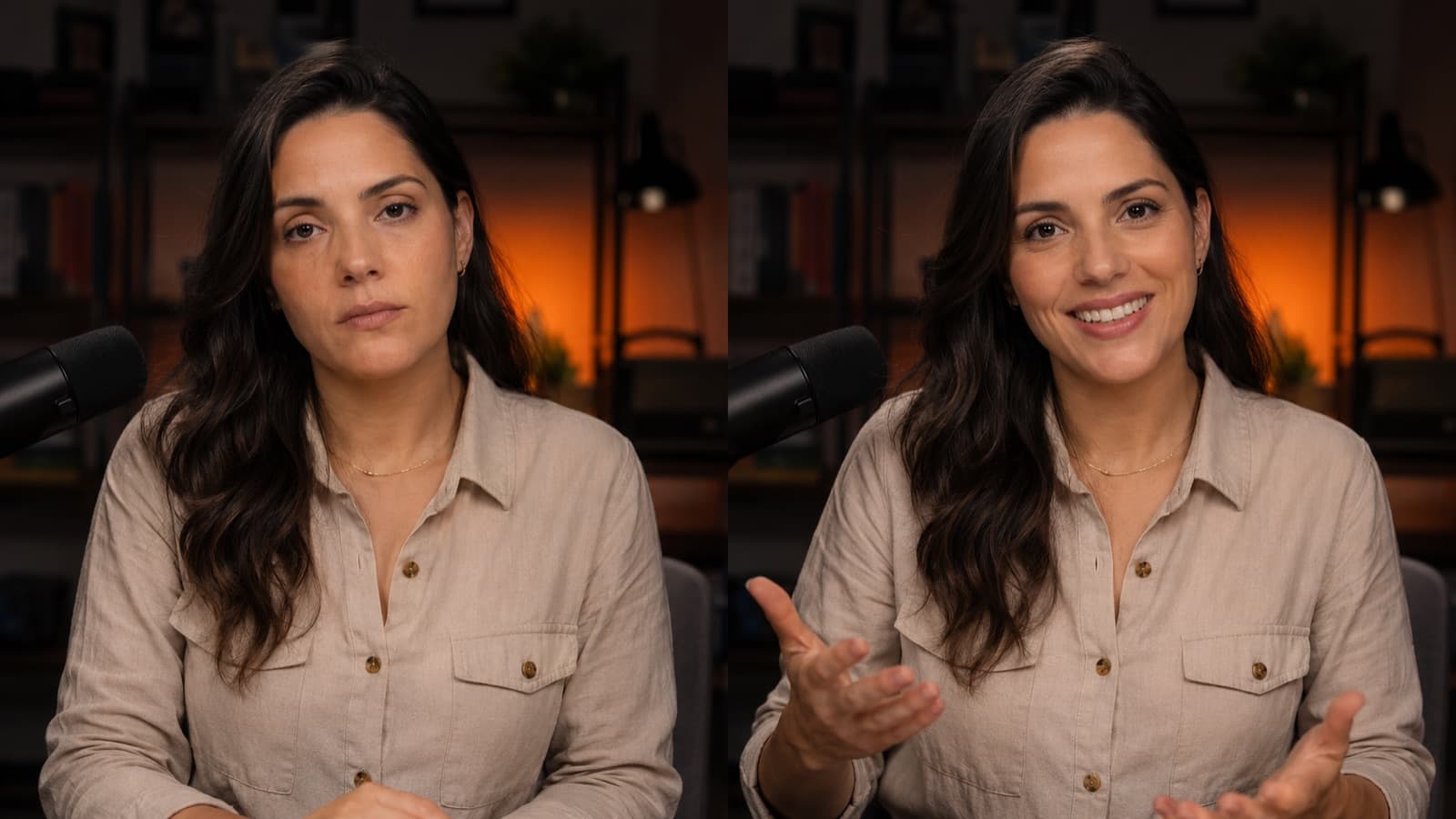 La misma persona lado a lado: a la izquierda con energía baja y apática, a la derecha con energía alta, sonriendo y gesticulando