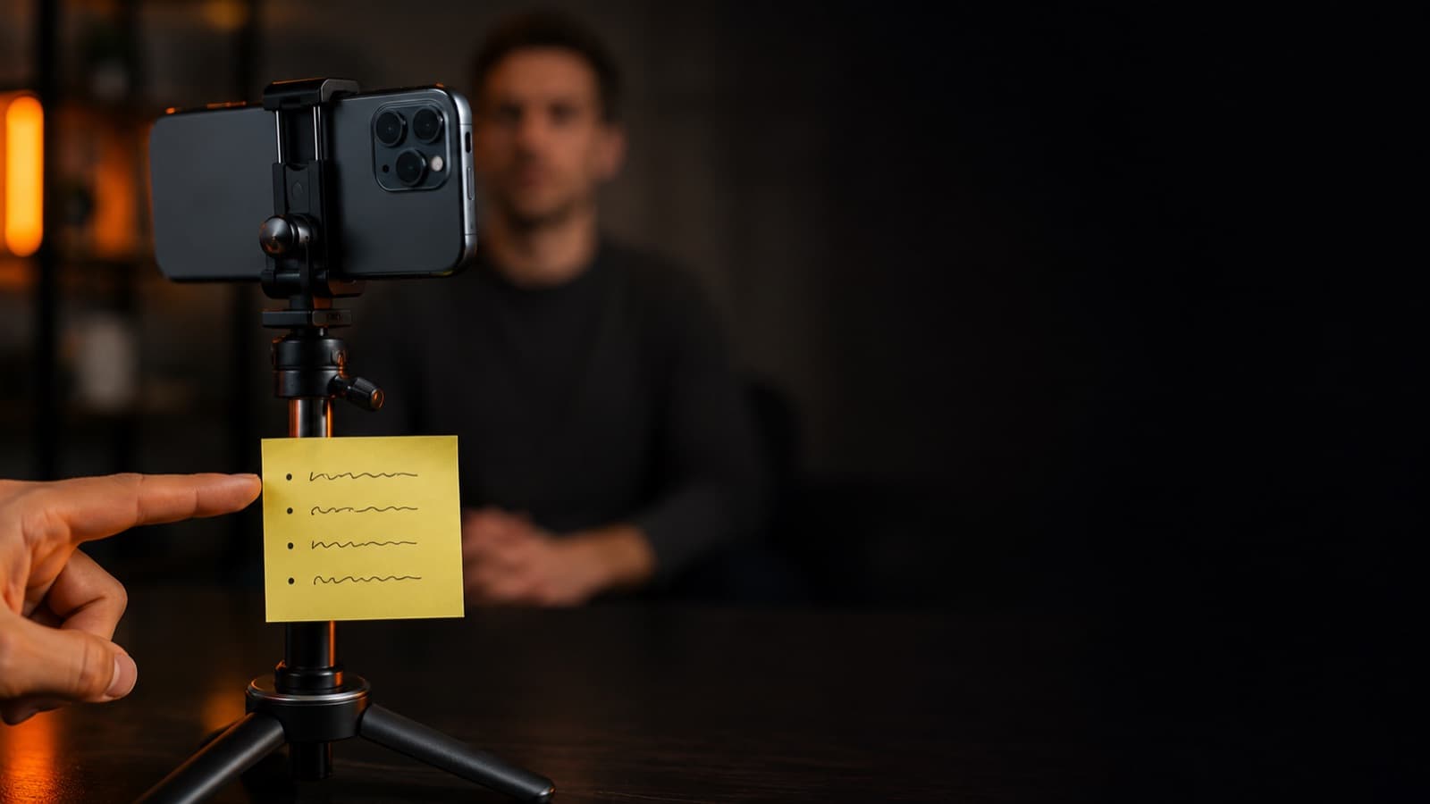Post-it con notas breves pegado en el brazo del trípode, a la altura del lente del celular, con un dedo señalando