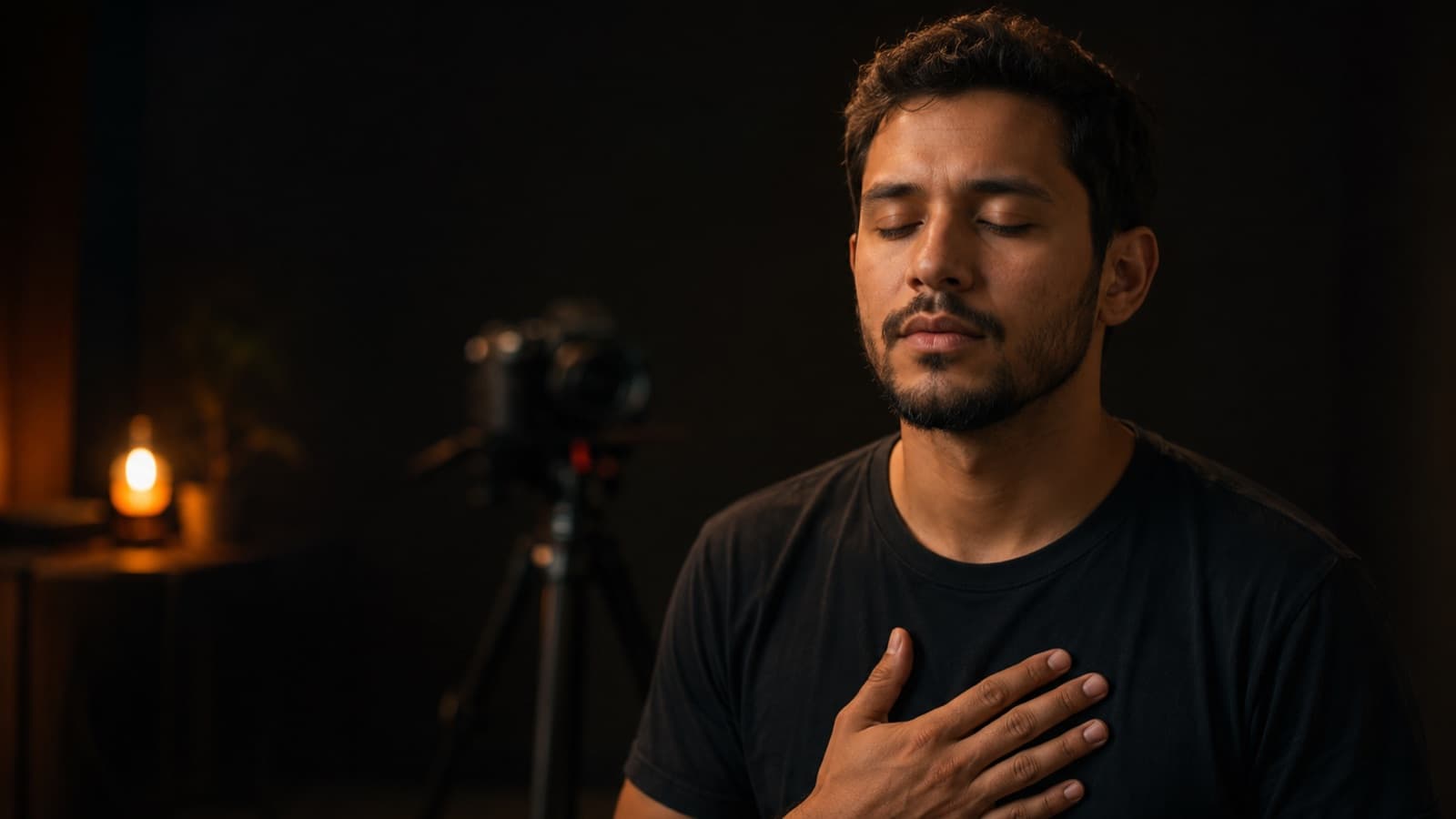 Persona con los ojos cerrados, la mano en el pecho, respirando hondo antes de grabar, con la cámara en el trípode al fondo
