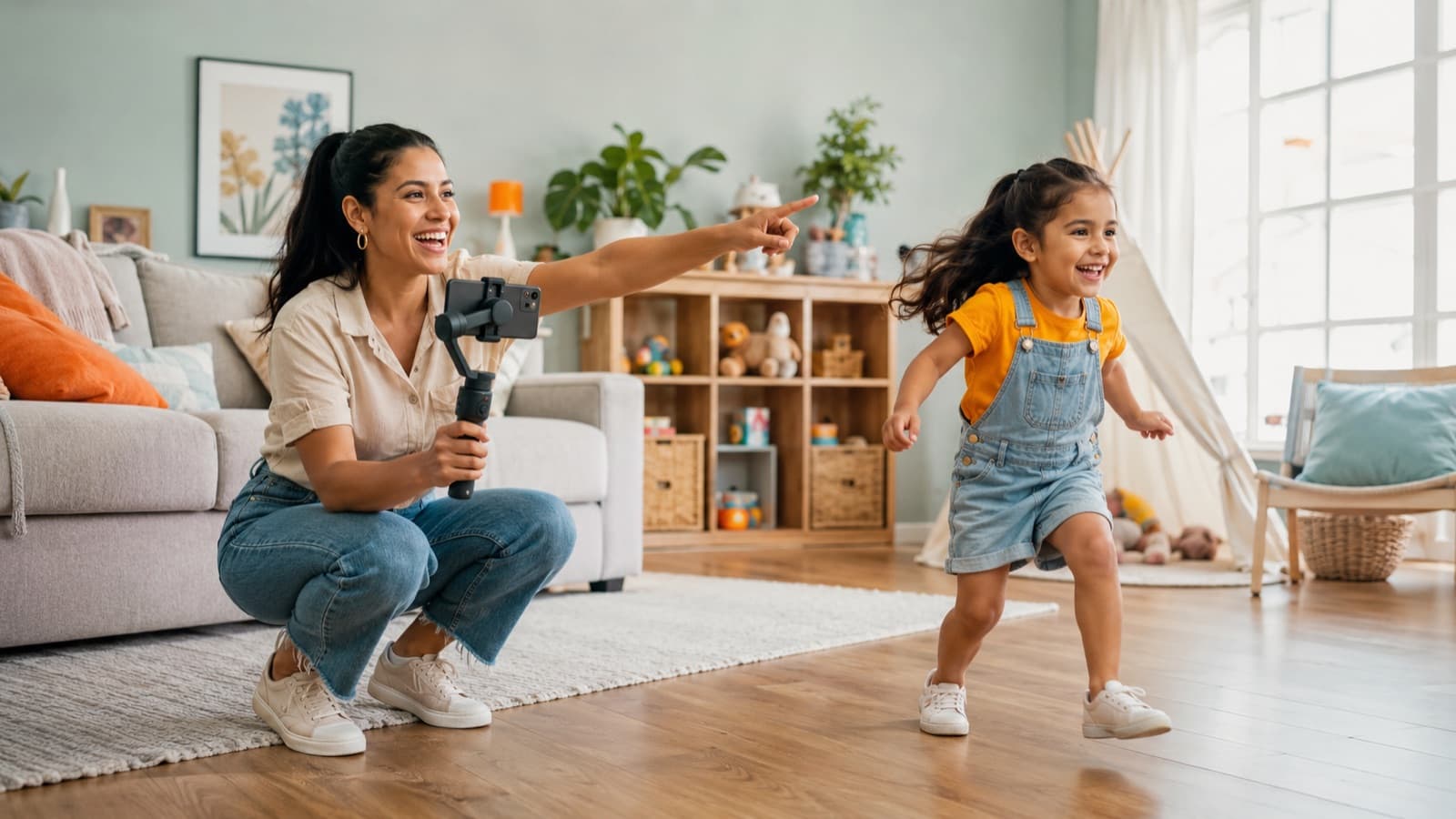Una madre señala con la mano libre y el niño va hacia donde señala, en un ambiente claro y colorido