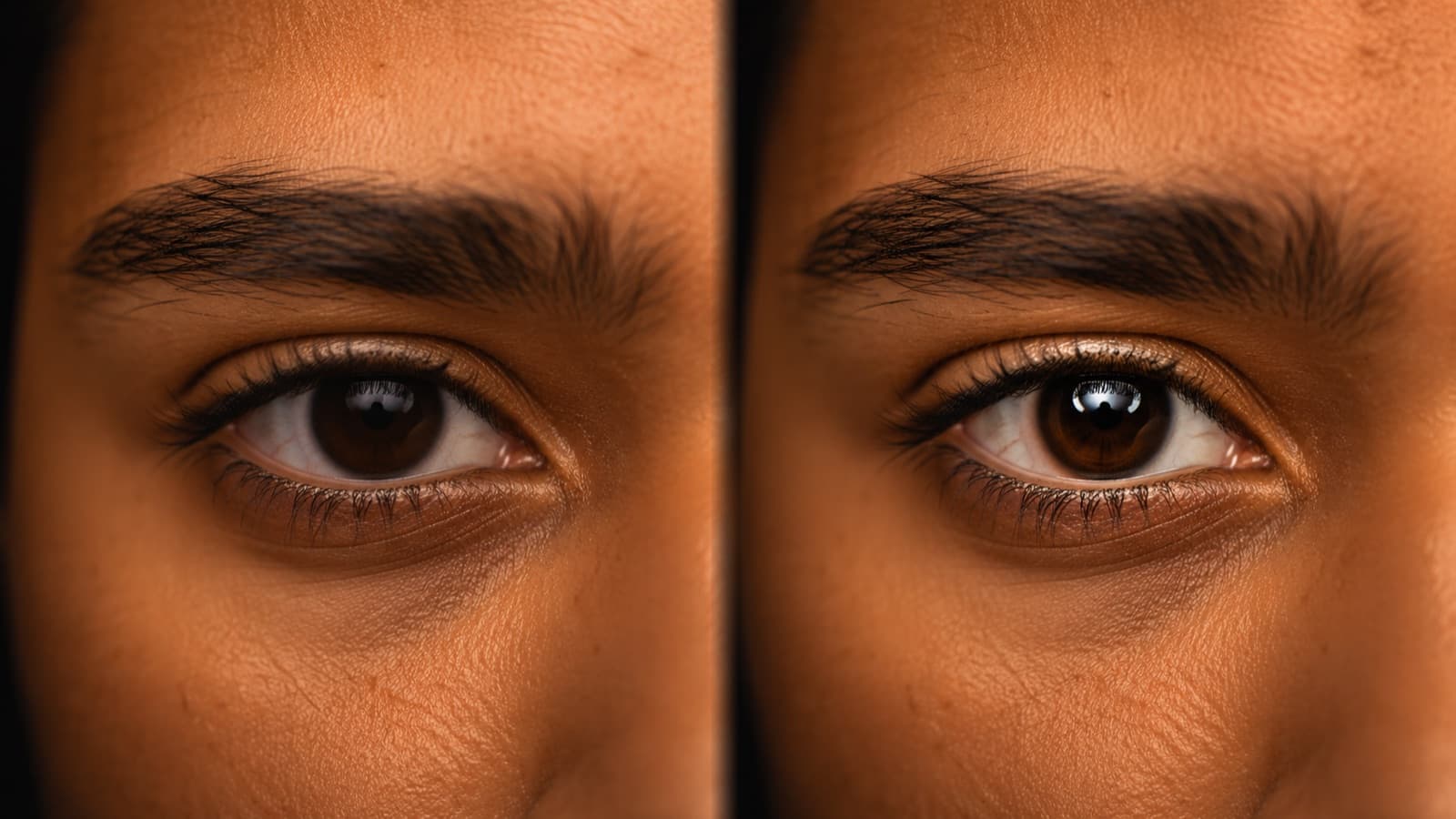 Primer plano de los ojos sin catchlight (apagado) y con catchlight (el reflejo de la luz da vida a la mirada)