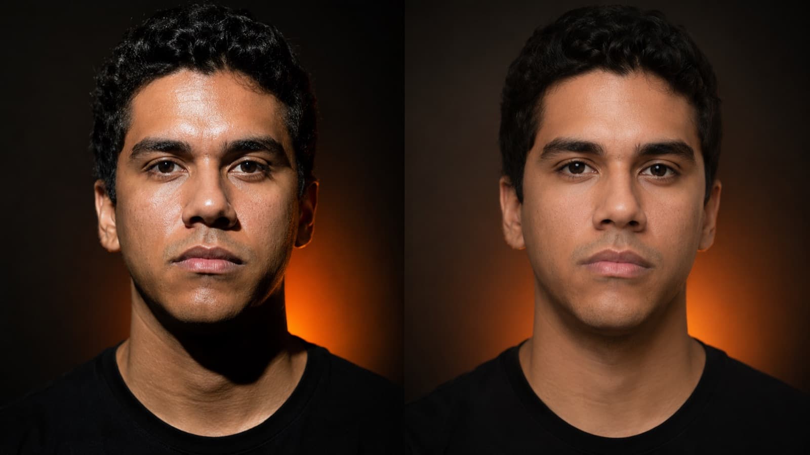 El mismo rostro con luz dura (sombras pesadas) y luz suave (sombras suaves)