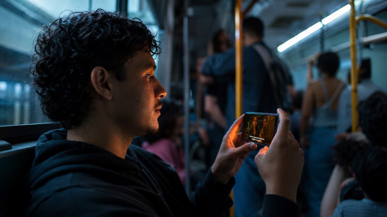 Una persona joven mirando video en el celular en un autobús lleno, sin auriculares, con la pantalla encendida