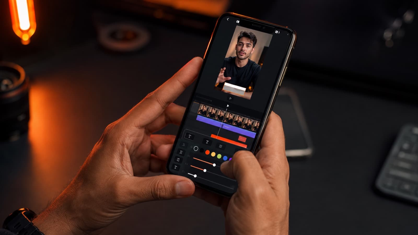 Manos editando un subtítulo con estilo en una app de celular, con una línea de tiempo y una paleta de colores en la pantalla