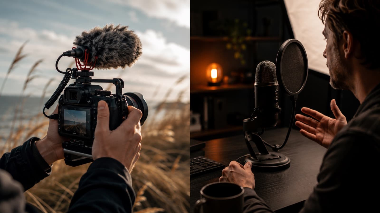 Diptych: shotgun with a furry dead cat outdoors × USB microphone with a pop filter on the desk