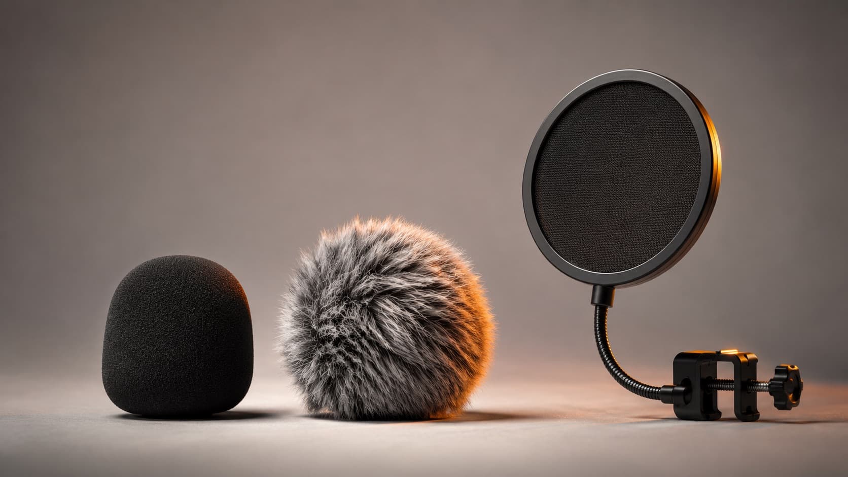 Foam, dead cat and pop filter side by side