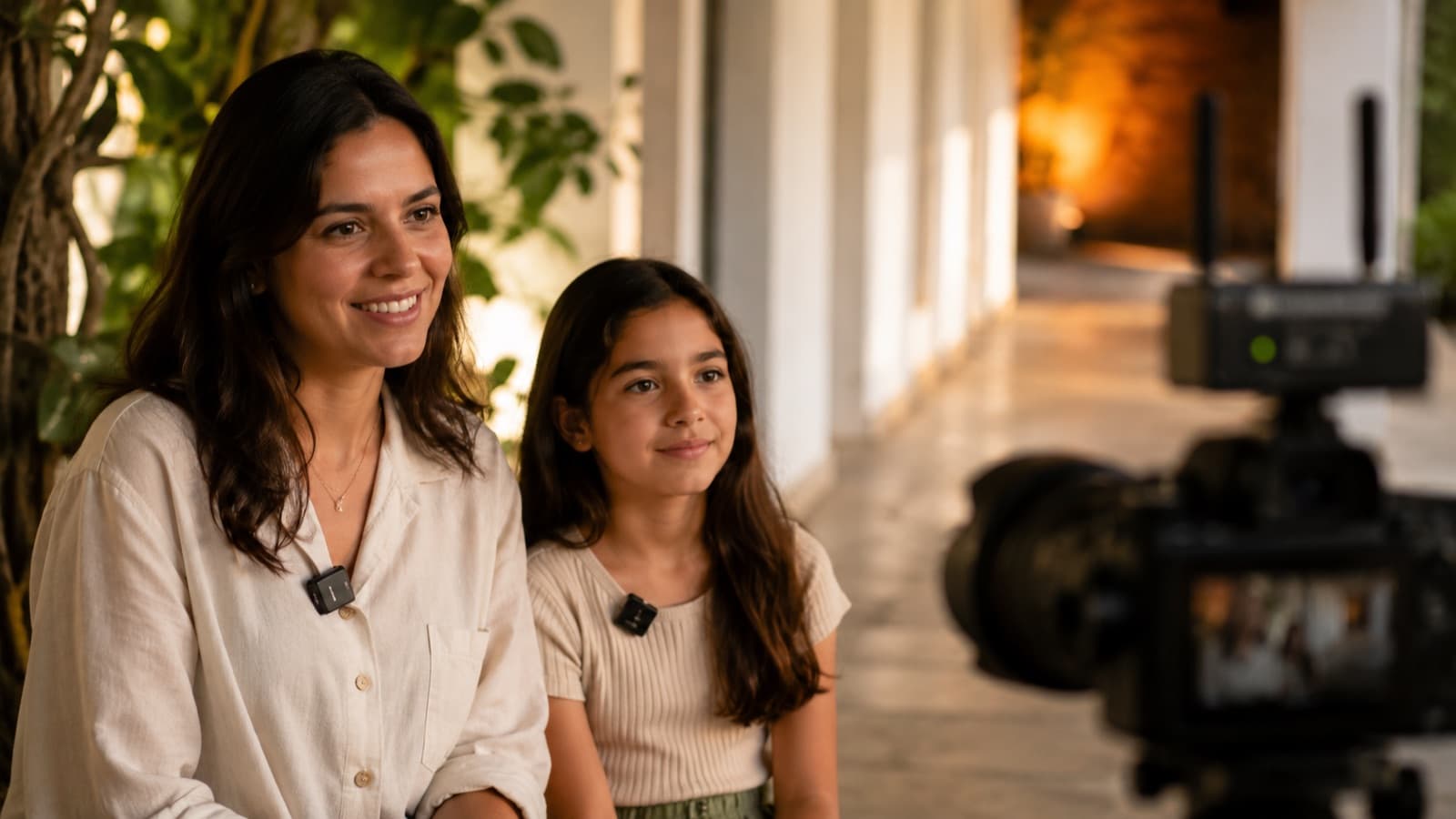 Interview with two people, each wearing a wireless transmitter clipped to their clothes