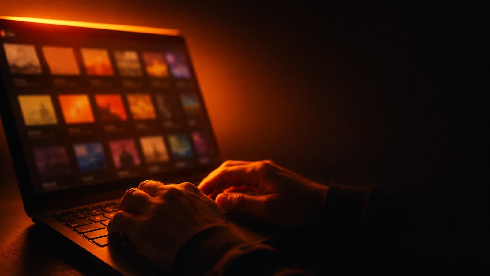 Manos en el teclado de una laptop con una biblioteca de música por suscripción en la pantalla
