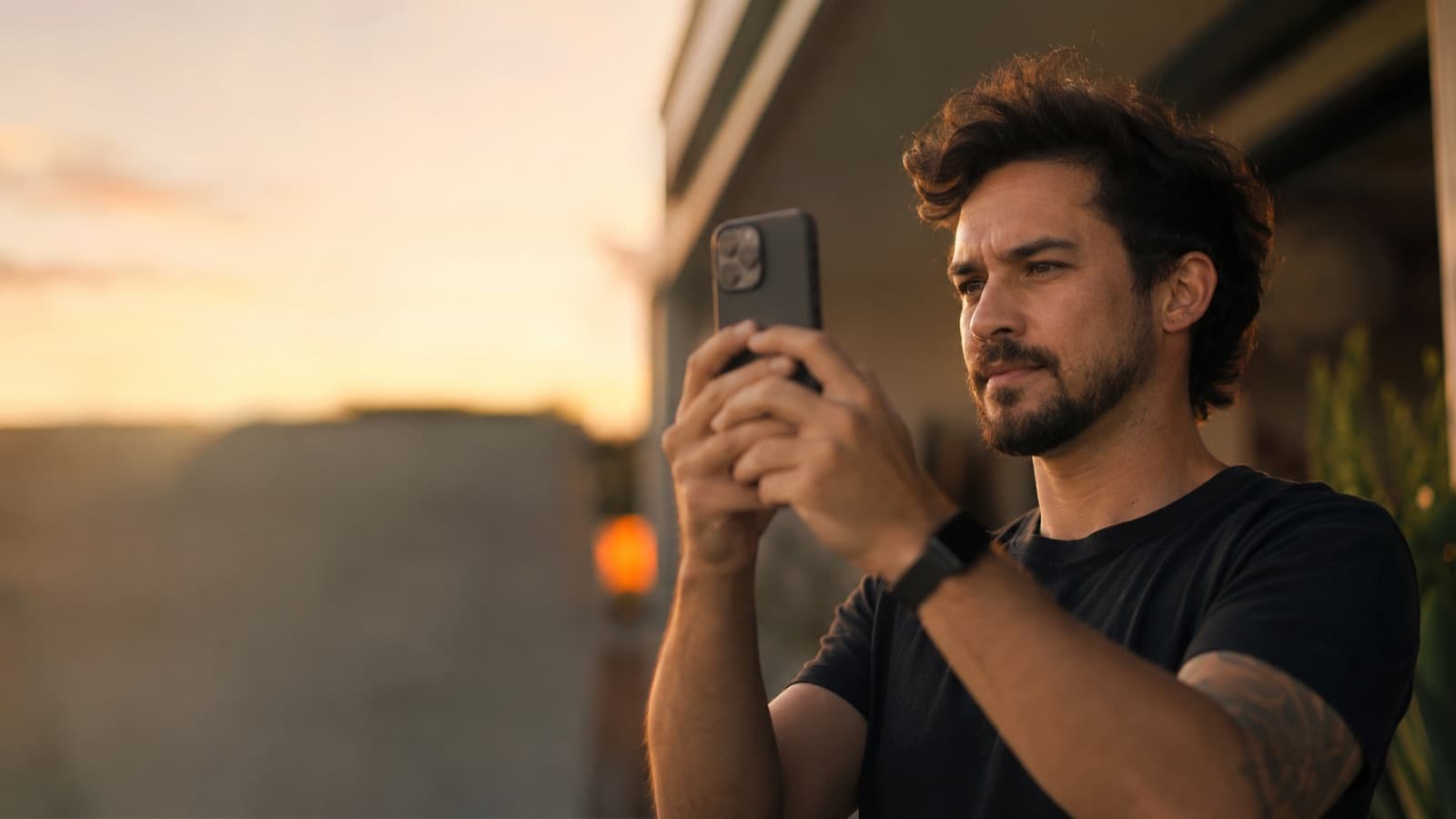 Un creador evaluando una locación exterior con el celular, en la hora dorada