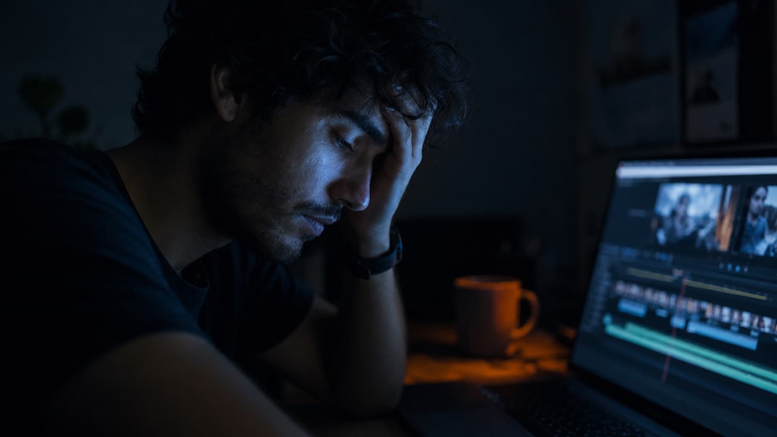 Un creador frustrado, la mano en la cara, de noche frente a una línea de tiempo de edición