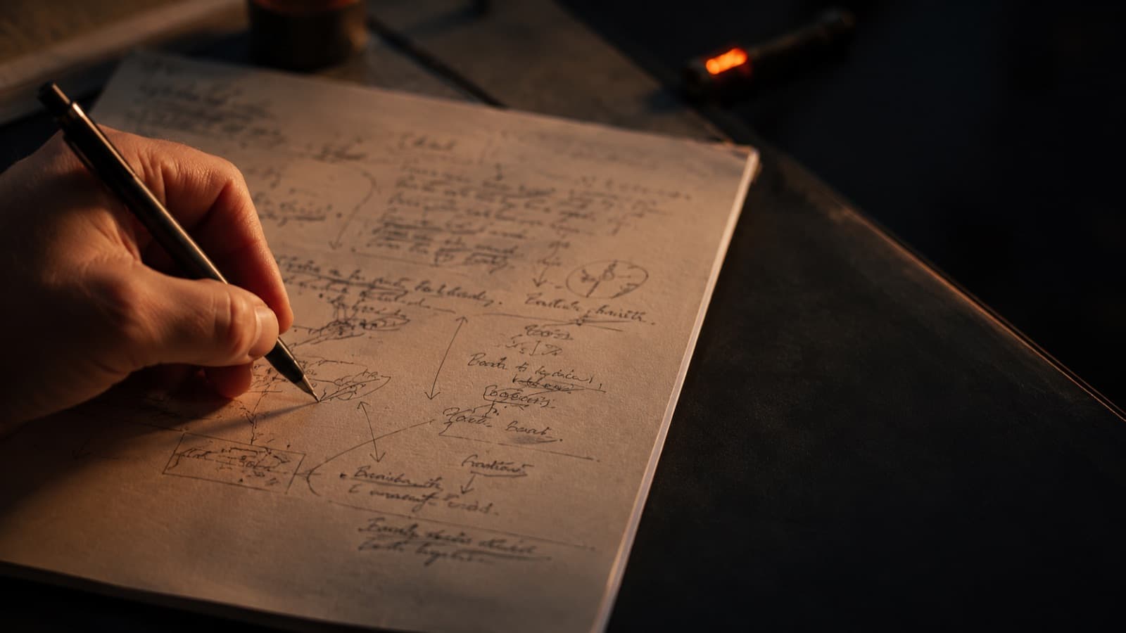 Una mano escribiendo temas y flechas de guion en una hoja, con luz cálida