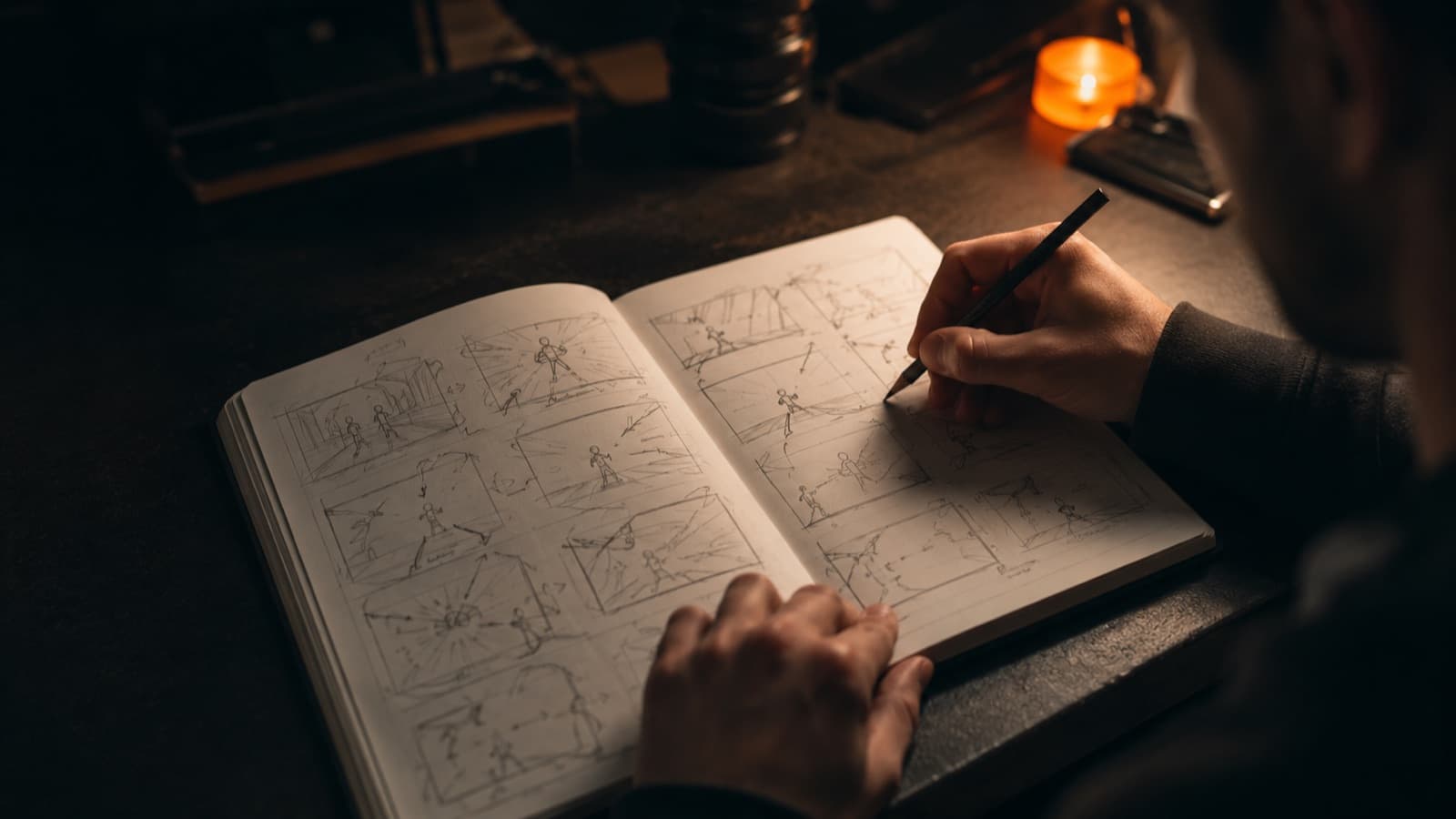 Unas manos dibujando un storyboard de monitos de palitos en un cuaderno