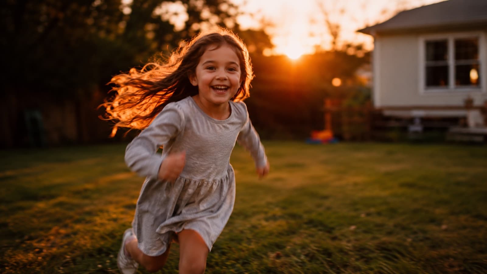 A child running in the backyard at dusk, with a slight motion blur