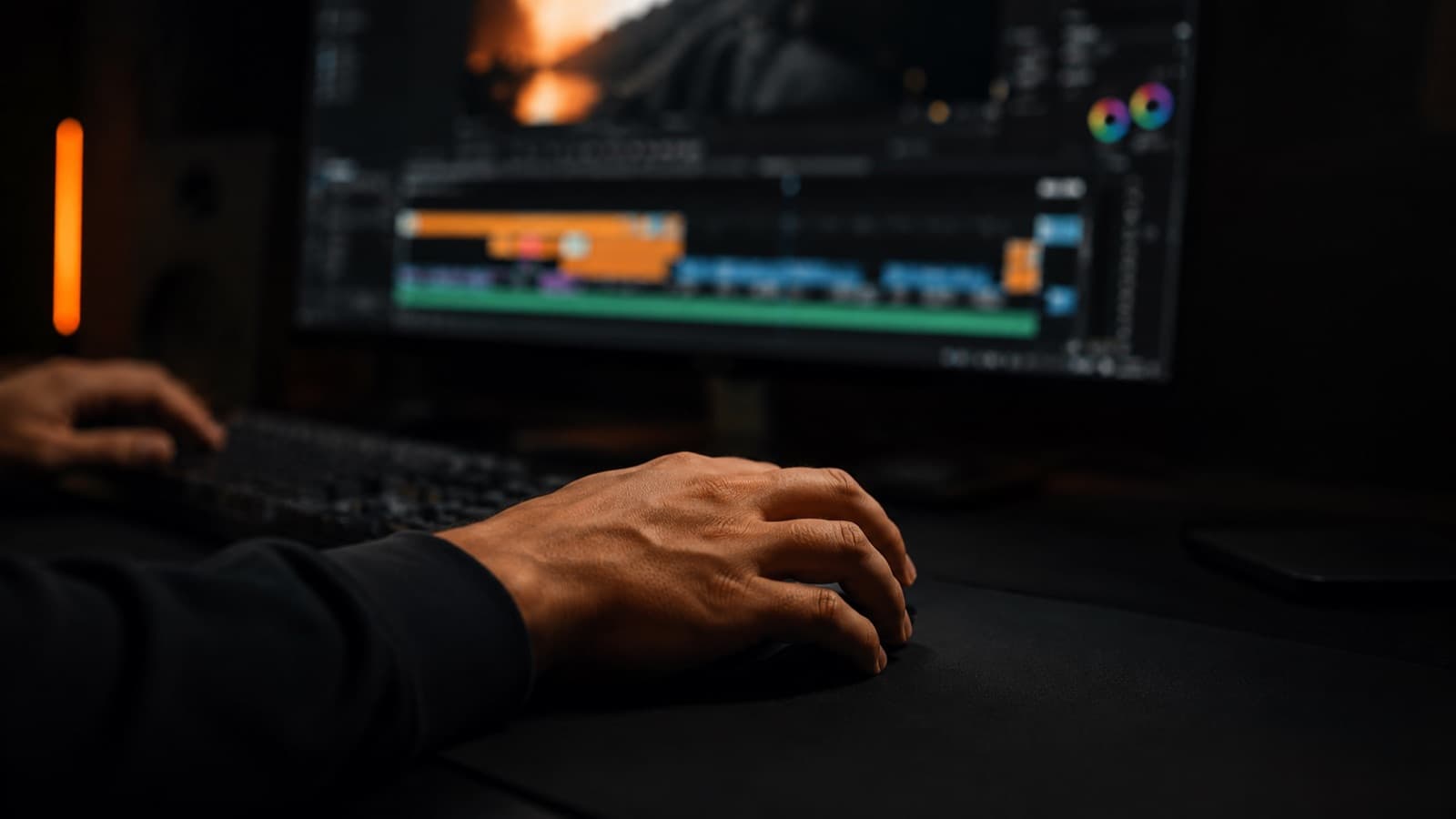 An editor's hands dragging a crop on the timeline — the act of reframing