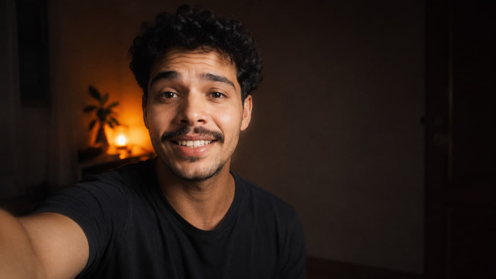 A creator smiling at an arm's-length camera, the classic 'hey everyone' before getting started