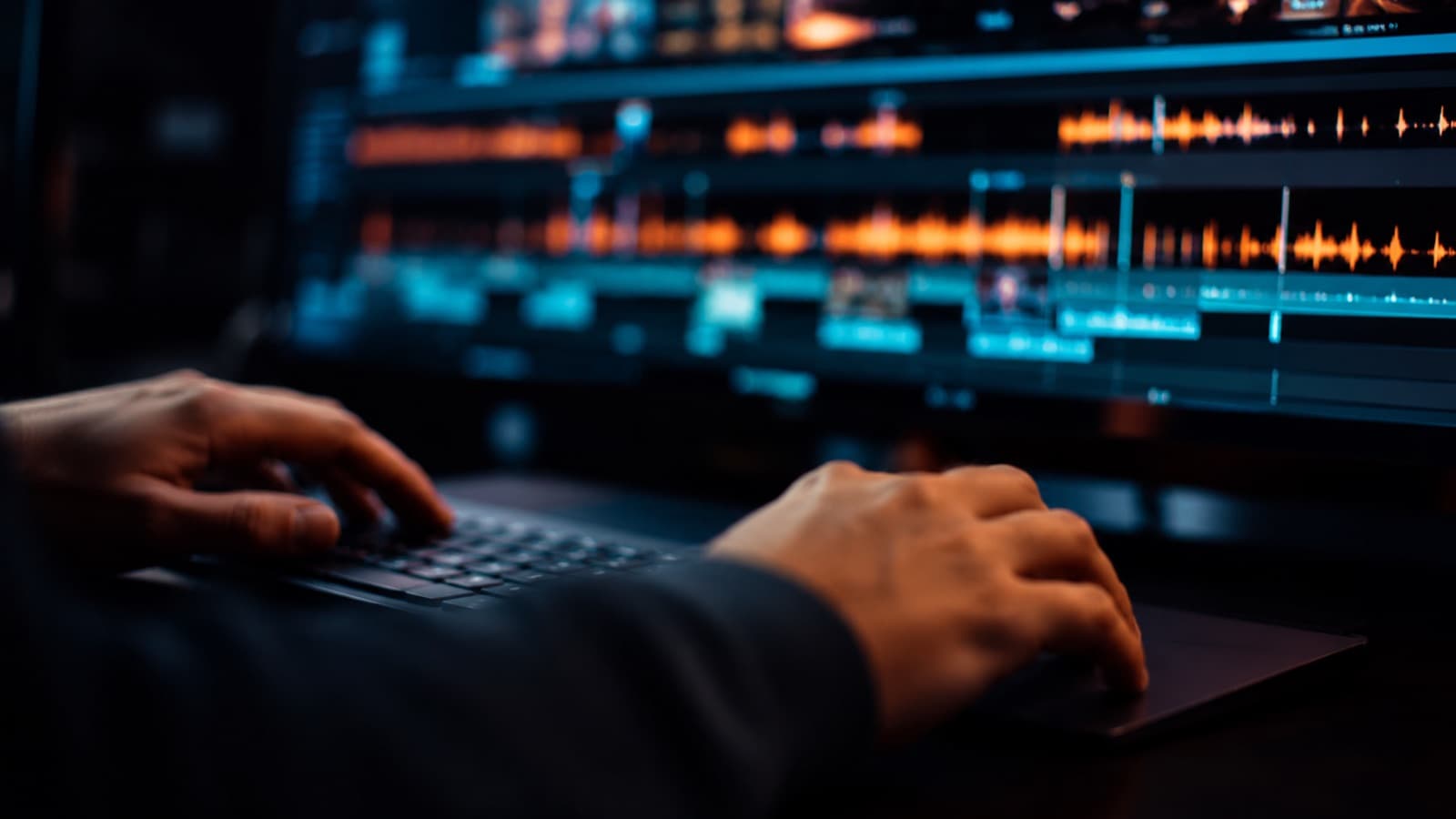 Hands on a keyboard editing, with an audio timeline and cuts glowing in the background