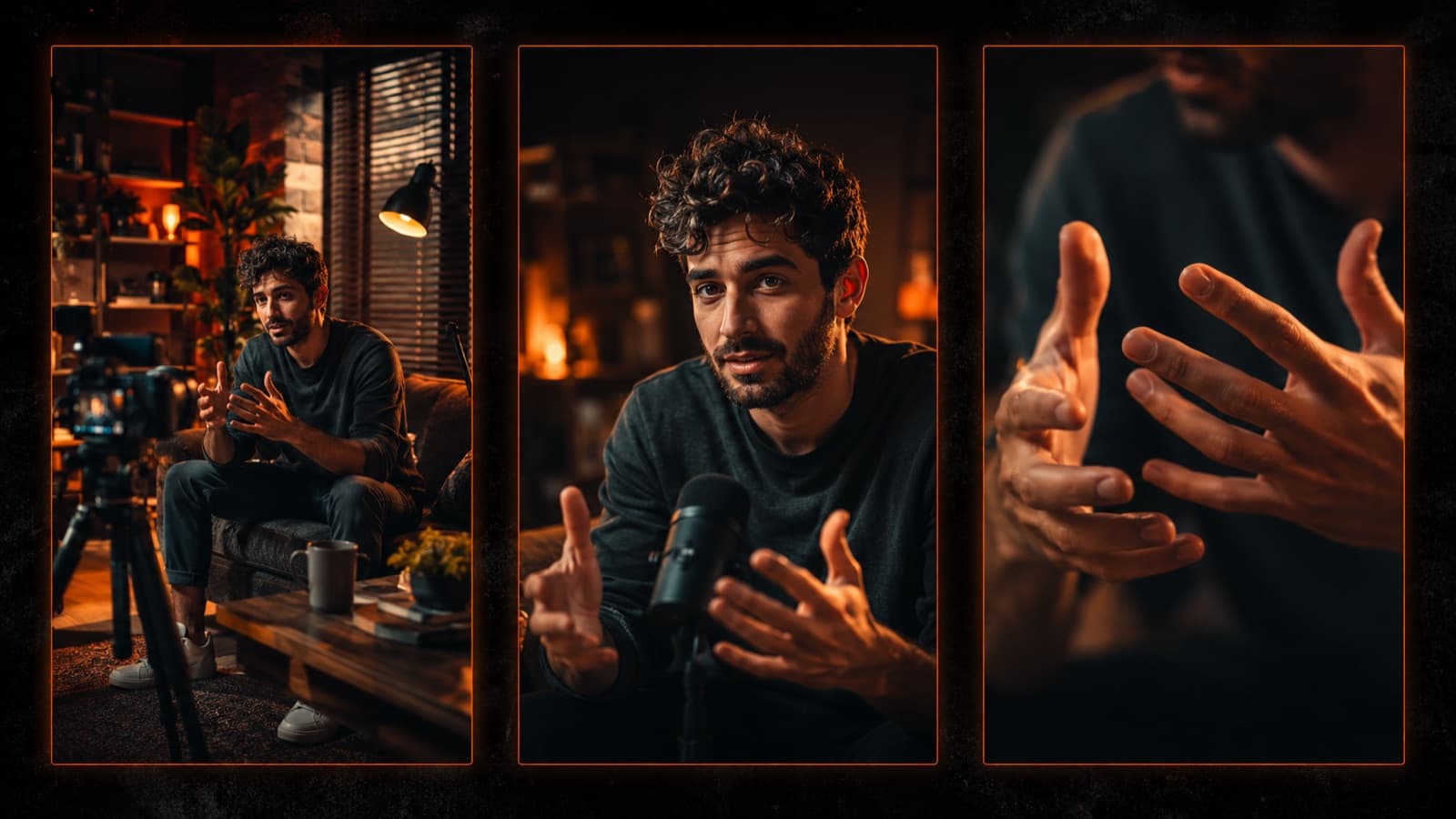 A triptych of the same scene in three shots: wide, medium and a close-up of the hands