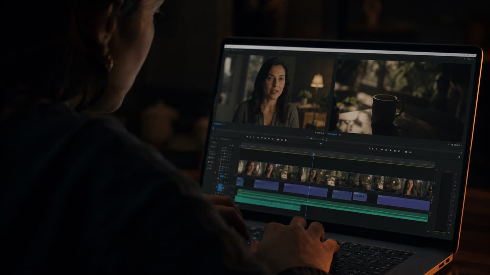 An editor on a timeline with a talking-head clip interspersed with b-roll