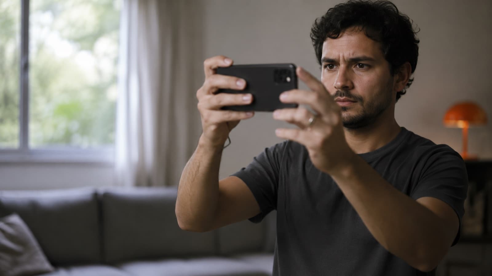 A person composing a frame with their phone in the room before shooting