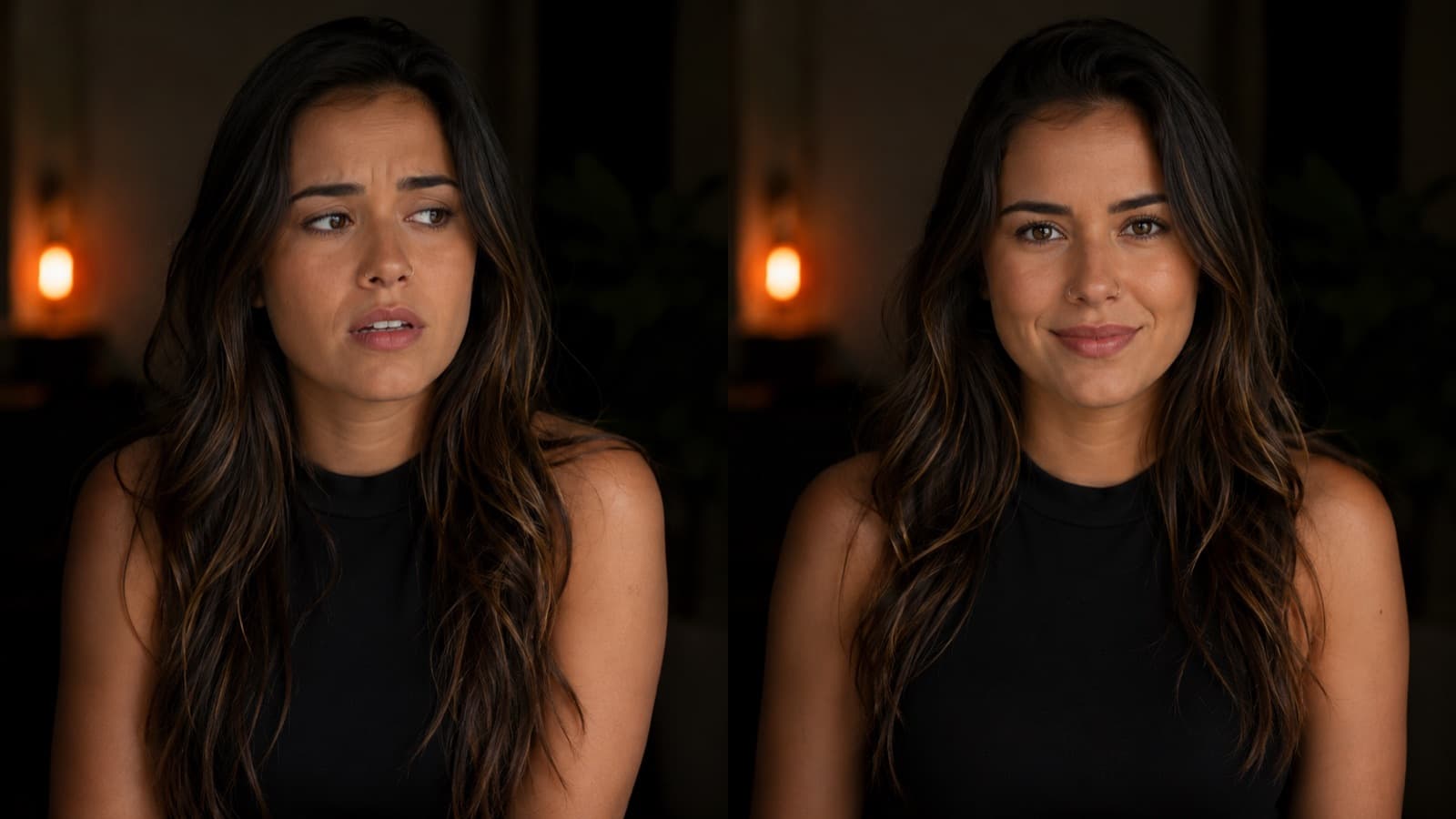 A diptych of the same person: on the left hesitant, on the right looking straight into the camera with confidence