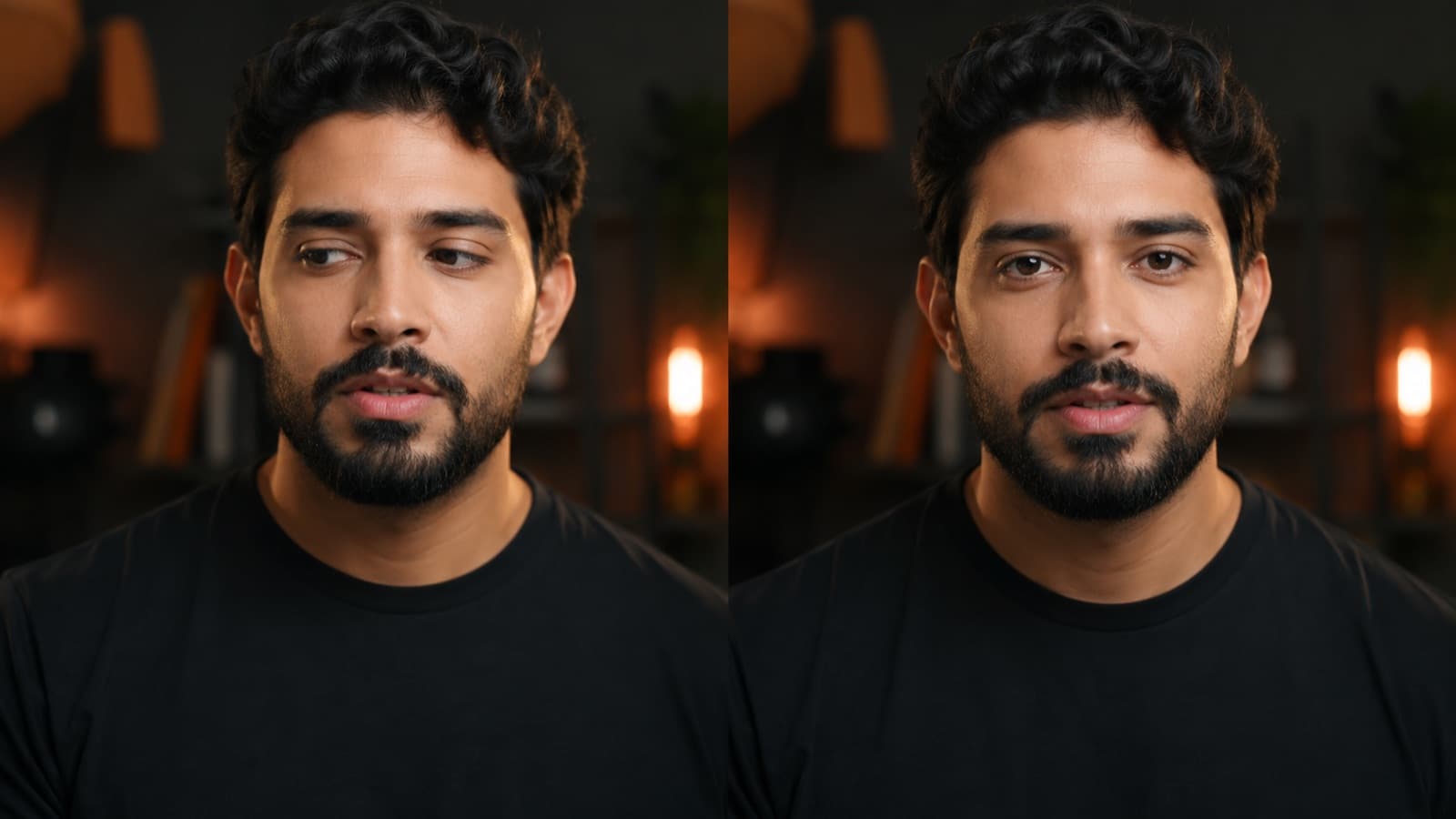 The same person side by side: on the left the gaze drifts off to read to the side, on the right looking straight into the lens