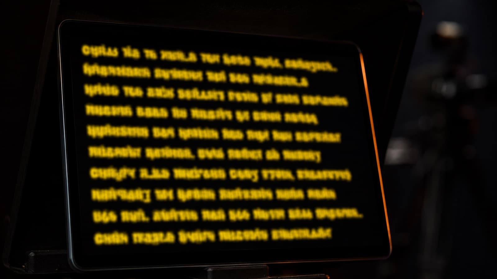 A teleprompter screen with yellow text on a black background, big and well-spaced font